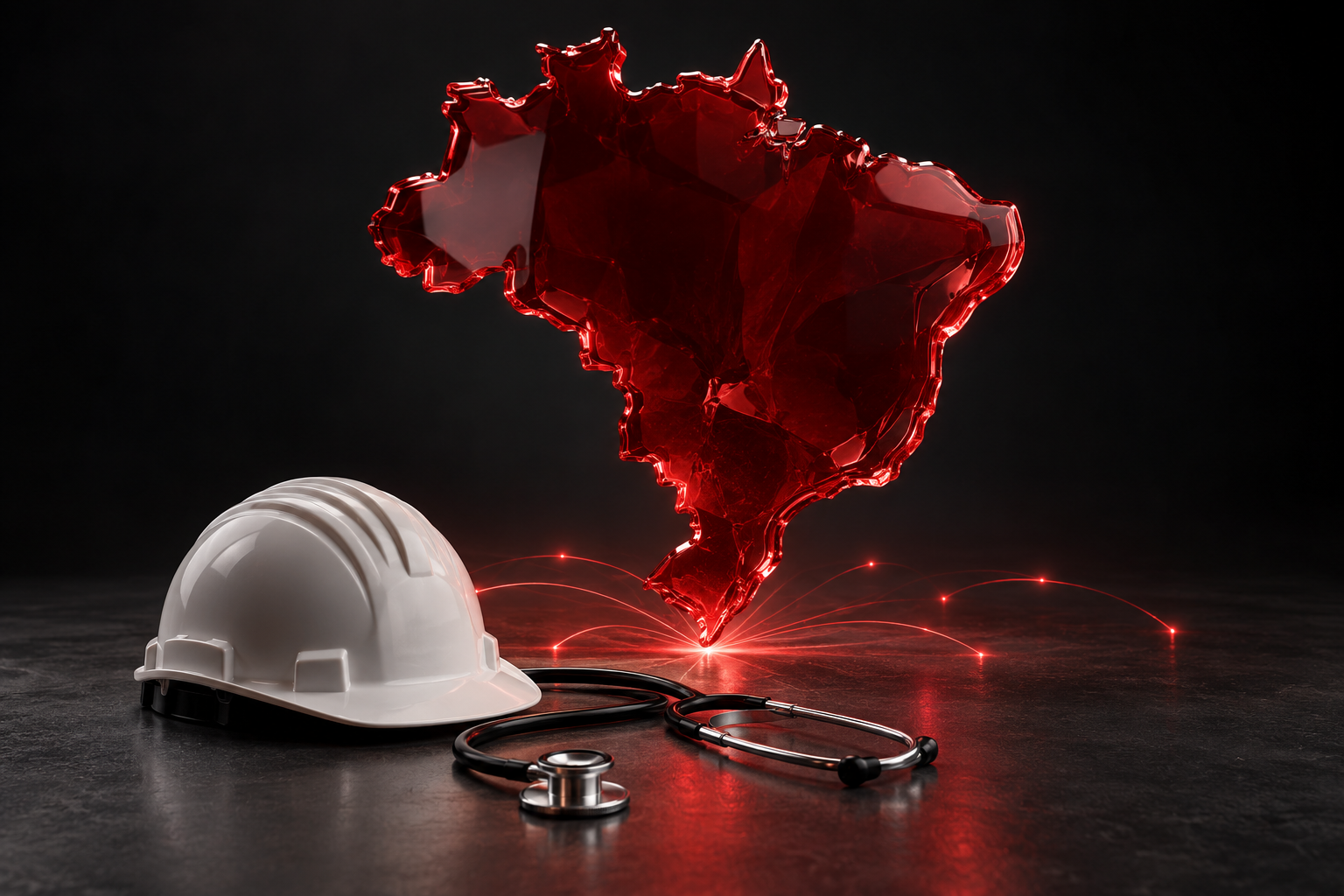 Ilustração do Brasil em vermelho com elementos de saúde e segurança do trabalho